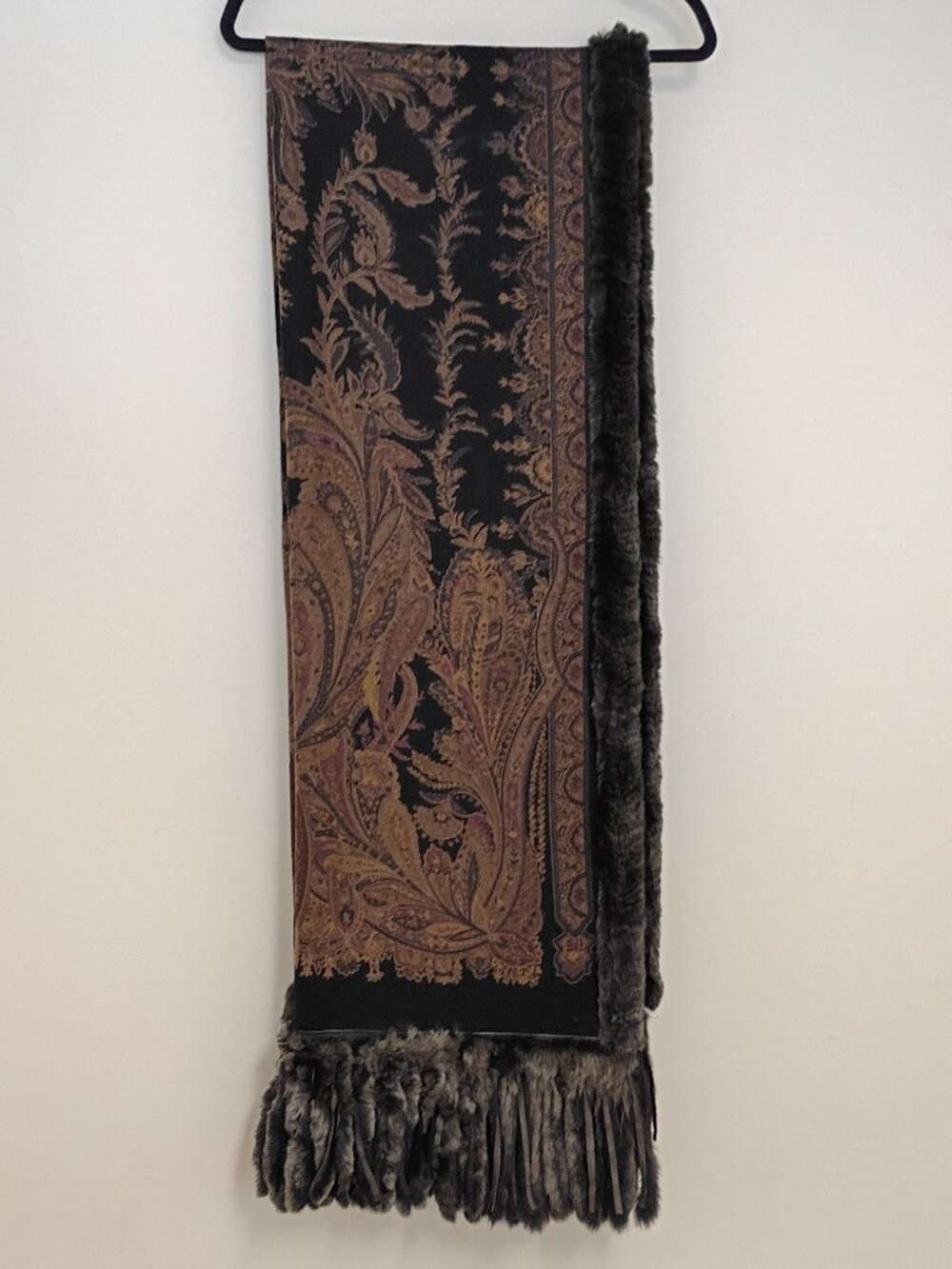 Luxurious Black and Brown Paisley-Print Cashmere Wrap Trimmed with Rex Fur